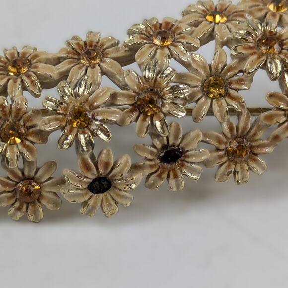 Vtg Daisy Brooch Gold Tone Enamel Rhinestone Floral Cascade Pin Spring Flowers - Picture 3 of 5